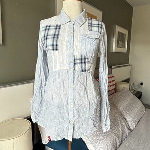 Free People Linen/Cotton Long Sleeve Top Plaid Patched with Back Drawstring S-P